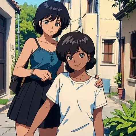  High Quality ,   Masterpiece , black hair,  brown skin,  shortcut ,  1 girl,  smile, smile, 80&#39;s anime vibe, style of Macro,   Im studying 80s anime style,   80s anime art style  , Macro, 1980s anime style, 

