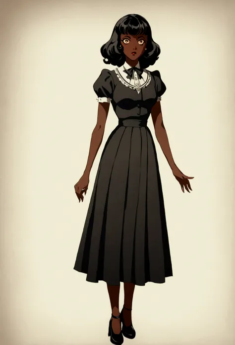 A girl, 1girl, dark skin, full body, vintage horror, 1940s, shapes, gothic, vintage, sexy, anime style, (clear background:1.0)