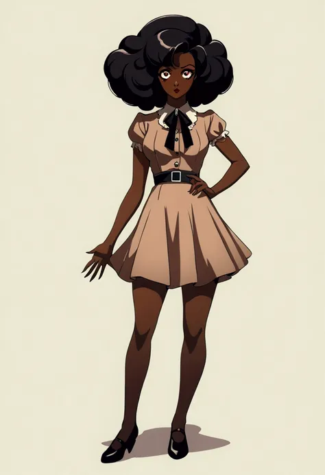 A girl, 1girl, dark skin, full body, vintage horror, 1940s, shapes, gothic, vintage, sexy, anime style, (clear background:1.0)