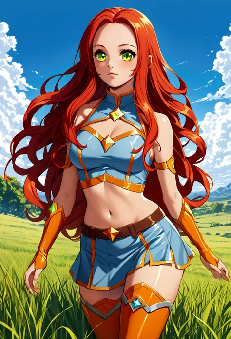 masterpiece, best quality, 1girl, starfire, red hair, long hair, green eyes, orange skin, crop top, midriff, miniskirt, thighhighs, thigh boots, solo, blue sky, cloud, grass, meadow background