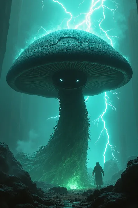  Massive giant black mushroom , with a fierce look, magical creature,  emitting toxic green gases ,  surrounded by cyan blue electric currents look angry cute, electric and toxic 