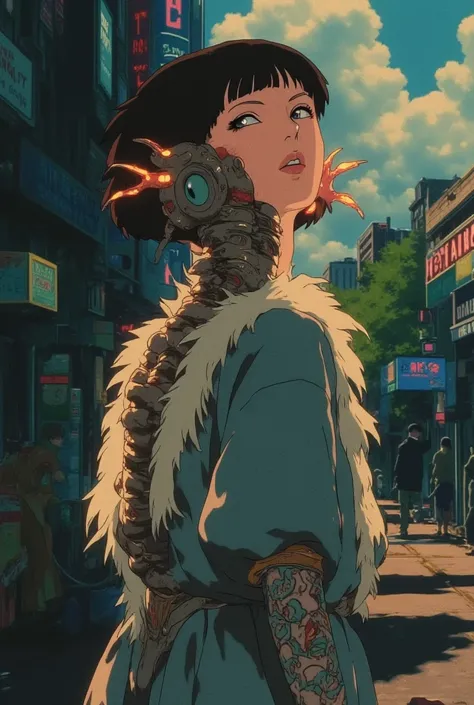 Beautiful girl with part of Cyborg face, body with lots of tattoos, dystopian cyberpunk setting, anime style Studio Ghibli 