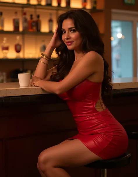 1 girl, young (age22), beautiful face, long dark brown hair, straight hair, pink lips, perfect body, wide hips, small tights, medium breast size, medium ass size, sits relaxed at a bar counter in a cozy, warmly lit room, probably a bar or lounge. She sits ...