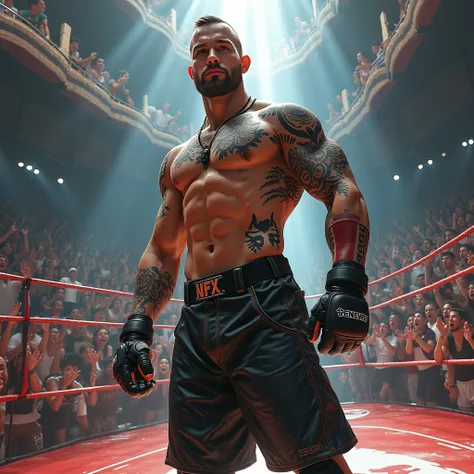 one man, partialy clothed, tatoos,cyberpunk, leather and robotic wear, partly robotic body, ready to fight, in futuristic mma octogone walls, (view from 3/4 below), exited and shouting audience on top of surroundings walls. digital art painting , digital d...