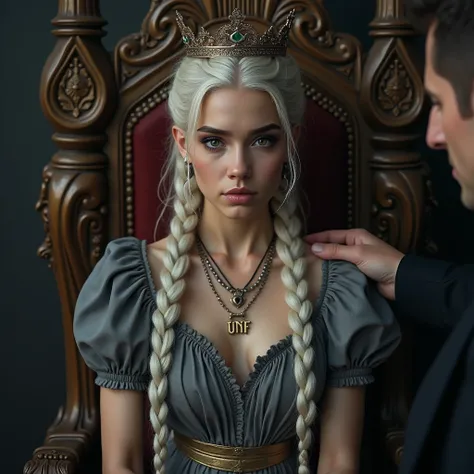 A 25 year old beautiful woman her eye colour BLACK and white hair with beautiful long braids, sitting on a throne with a beautiful but small crown, her dress is grey reflecting the power and fighter she is. On her neck a necklace saying “UNF” with bold cle...