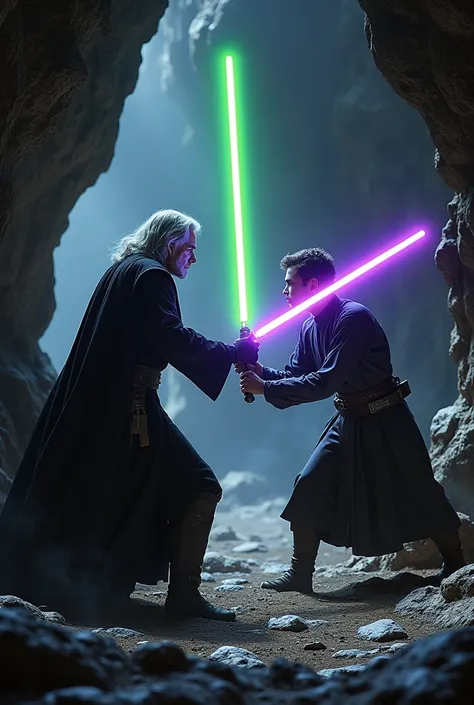 Star Wars duel in the cave. Viggo Mortensen (purple lightsaber, with silver hair) vs timothee chalamet (green lightsaber). Fighting positions