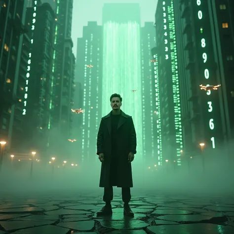 "Hyper-realistic (8K) cinematic scene of a man standing amidst a futuristic urban setting inspired by the Matrix, positioned slightly back from the central perspective to emphasize the monumental scale of the environment. The mans appearance is 100% faithf...