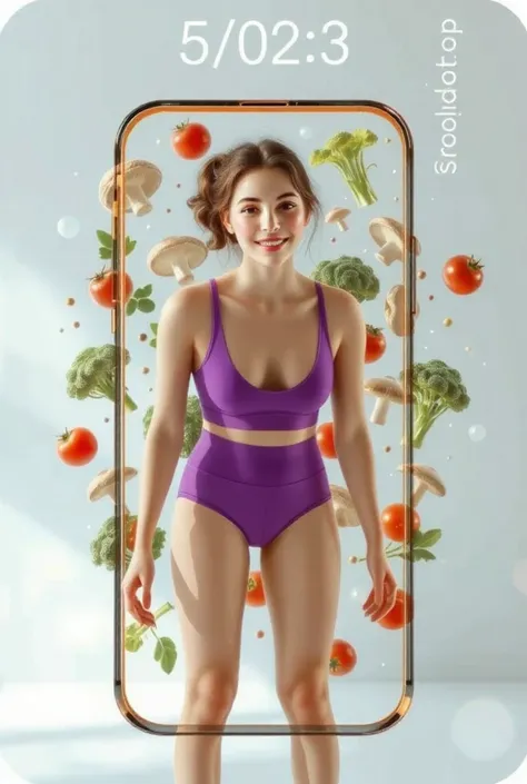 A poster for an art exhibition. The design features a modern and stylish thinking system, a new concept of Nutrition health design, a woman with a toned athletic physique is standing confidently inside the frame of a modern smartphone. She has her hair tie...