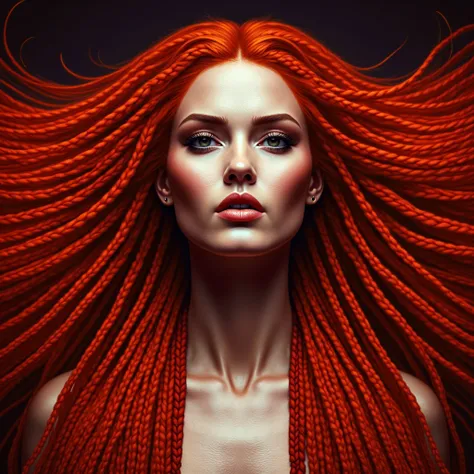 Highly stylized and ultra-detailed portrait of a striking woman with bold, vibrant red hair styled in thick, textured braids that flow outwards, almost defying gravity. Her face is perfectly smooth with a porcelain-like finish, contrasting with the bright,...