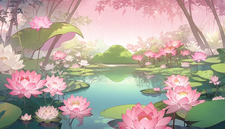  Place of a lake with light plants and water lilies with lotus flowers above ,  where three small ren are peeking out of the lake , , the first  is a young dragon of a pink color, half white with brown horns ,  the second was half green with dark pink horn...