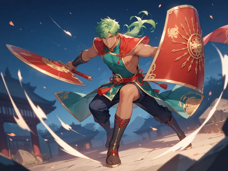 human form, adult male,  blue green hair,  tan skin, chinese emperor robes, wielding large shield, night time, zoomed out, full body