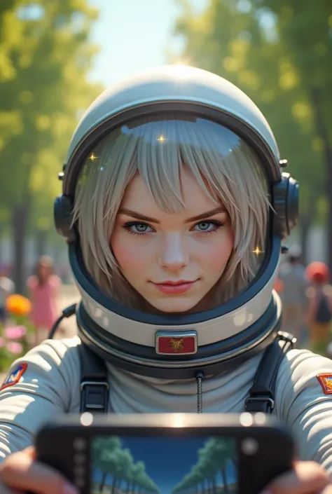 (Close-up of a better masterpiece:1.5)0.9], (Space and astronauts:1.2) (Messy silver hair:1.1) (Heterochromia xanthochromia and blue eyes:1.2) (Space Helmet:1.0) (Colored stars in the eyes:1.0) (A radiant glow:1.1) (thick lips:0.9)A highly realistic selfie...