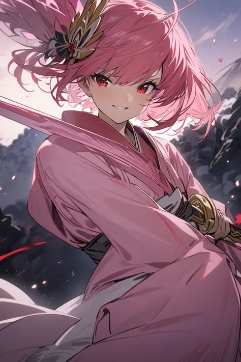 (( best quality)), ((masterpiece)), ( Details),  female in her 20s,  hair ornament, Pink short hair,  red eyes, Carrying a sword,  Japanese clothes that are easy to move,  less exposed ,  smiles, battlefield, night