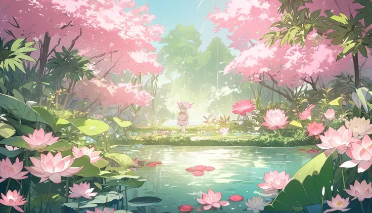  Place of a lake with light plants and water lilies with lotus flowers above , Where of the lake are playing in the water three little ren , , the first  is a young dragon of a pink color, half white with brown horns ,  the second was half green with dark ...