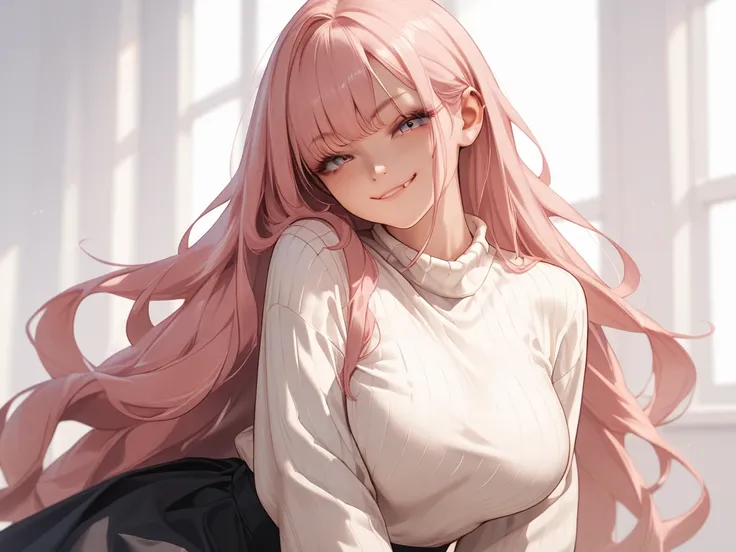  pink long haired girl, beautiful face, big breasts, wearing a  white sweater and  black skirt, surrendering  , smug face