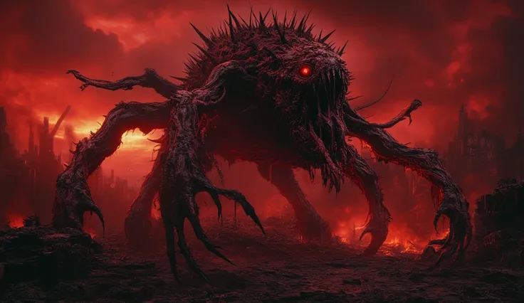 A huge creature made of bleeding meat. A creepy monster covered in spikes. A grotesque cruel demonic creature. Blood-red eyes, She destroys the remains of the ruins of the city of Crimson sunset, scarlet clouds in the black sky. The fire is burning. the ru...