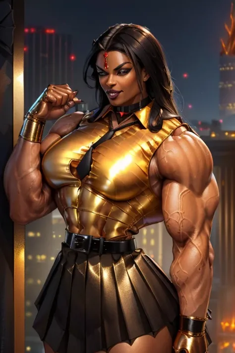 ((Close-up)), tall, (black hair), beautiful muscular woman, long hair, brown skinned, (black lipstick), smirking, (massive muscles), (hyper muscle), ((ginormous bulky muscles)), orange eyes, (((((sleeveless metallic collared shirt))))), ((((metallic pleate...