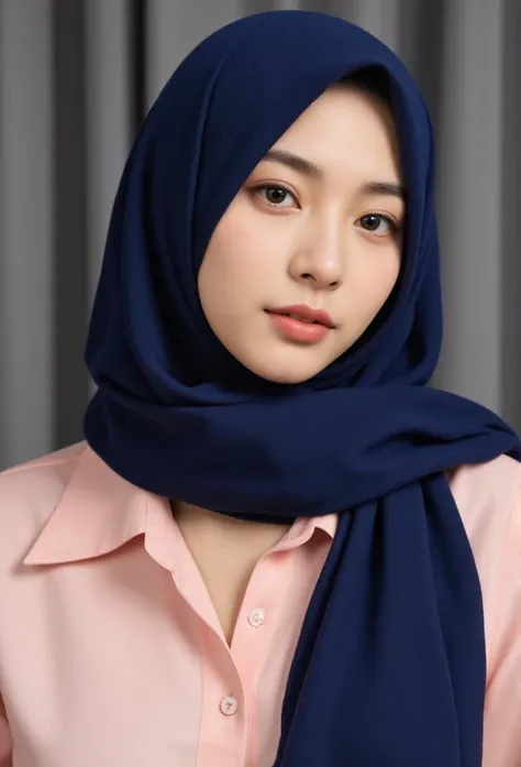 a Middle Eastern woman, sophisticated hijab in deep blue, wearing a pink shirt