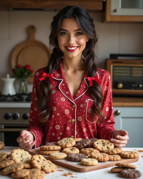 beautiful Latina model wearing her long curly brunette hair in loose braided pig tails, with a red bow to tie at the ends, has the cutest and most stylish matching pajama set on, in the family kitchen, baking homemade cookies from scratch, an array of asso...