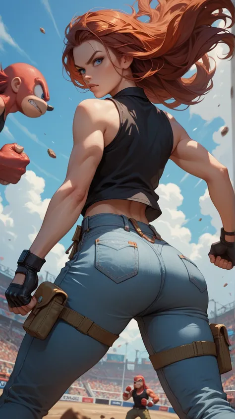 White girl, long hair, blue eyes, auburn hair, flat chest, petite, big butt, cargo pants, sleeveless black shirt, jeans, cracking knuckles, fighting stance, facing away from viewer