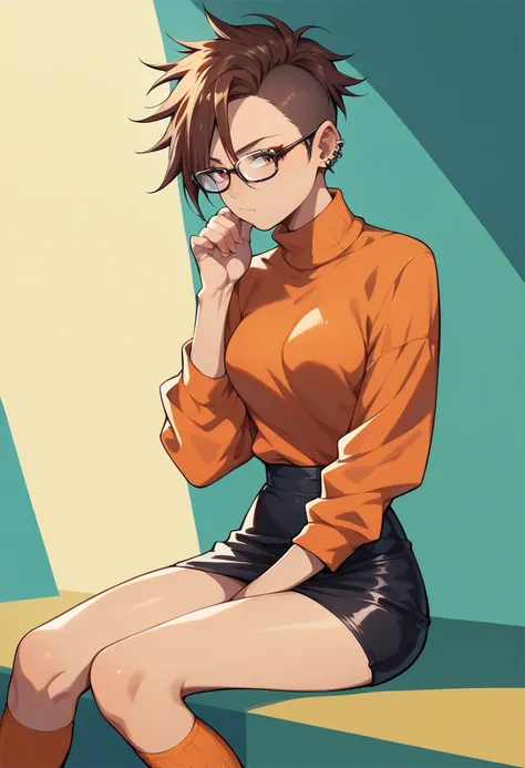 Anime style , solo 1girl , short brown hair,  glasses,  sardas , orange sweater,  medium breasts,  red mini-skirt plissada,  long orange socks.  Skinny body,  bored.  Punk