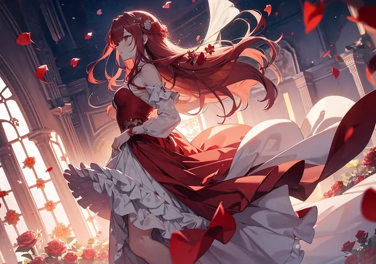 A scene of an elegant red-haired girl, with roses blooming at her feet, and magical rose petals flying from her hands as they pierce enemies. The thorn-sharp petals draw a trail of light, and her dress flutters in the wind. The background is a gorgeous bal...