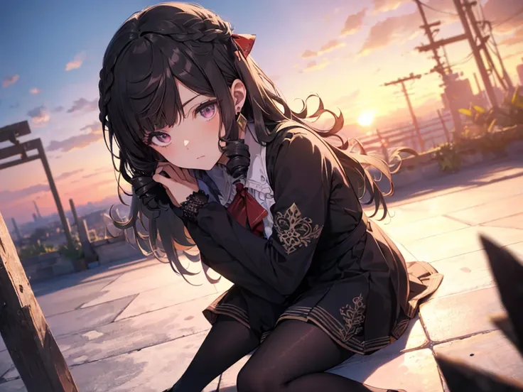 Solo, Girl, (Human Ear, Short Height), (Earrings), (Black Hair, Long Hair, Curls, Curled Vertically in Front of Bangs), (Hair Tie, Hair Tie at the Back of Head with Big Red Ribbon), (Girl Sitting on Ground Hugging Knees with Head Tilted), (Cool Facial Expr...