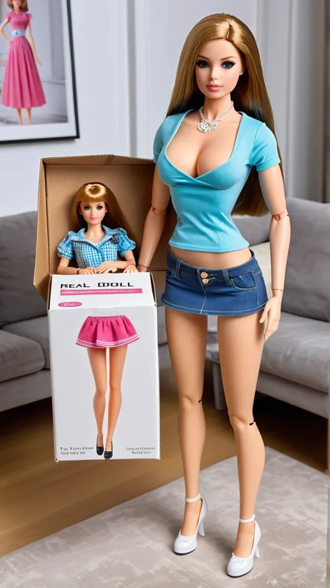 woman in casual mini skirt costume is opening a box of real doll.
 The real doll had big breasts, big ass, a thin waist, and a perfect figure with long legs. the real doll is wearing a club fashion costume.
 The box placed on the living room table was open...