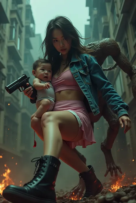 Beautiful Korean beautiful girl、There was blood on her face、holding a baby、wearing a jeans jacket、holding a gun、wearing a pink mini skirt、wearing white panties、 shooting from below、wearing black short boots、The monster hugged her legs to protect the baby c...