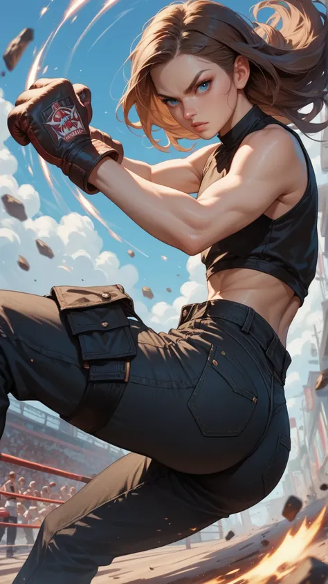 White girl, long hair, blue eyes, brown hair, flat chest, petite, big butt, black cargo pants, sleeveless black shirt, jeans, fighting gloves, fighting stance, facing the viewer