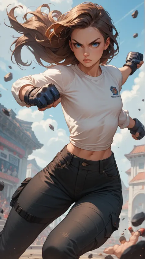 White girl, long hair, blue eyes, brown hair, flat chest, petite, big hips, slightly defined abs, black cargo pants, long sleeve tan shirt, jeans, fighting gloves, fighting stance, facing the viewer