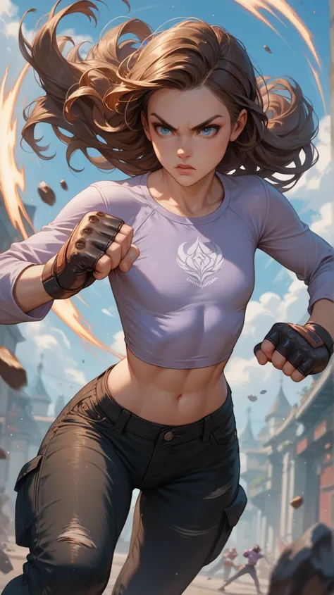 White girl, long hair, blue eyes, brown hair, flat chest, petite, big hips, slightly defined abs, black cargo pants, long sleeve violet shirt, jeans, fighting gloves, fighting stance, facing the viewer