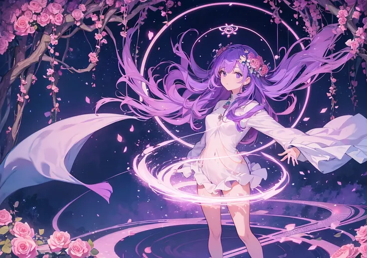 A scene in which a purple-haired girl floats a magic circle of roses at her feet, and from the center of the circle countless rose vines reach out towards the enemy. The vines are smooth and beautiful, with particles of light dancing up. Her expression is ...