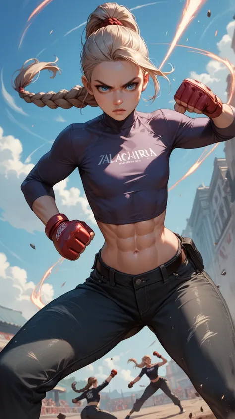 White girl, long hair, blue eyes, braided brown ponytail, flat chest, petite, big hips, slightly defined abs, black cargo pants, long sleeve violet shirt, jeans, fighting gloves, fighting stance, facing the viewer