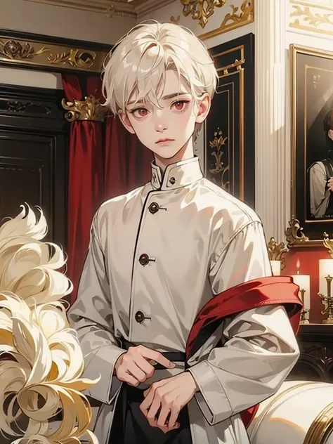 boy, red eyes, cream beige hair. not have expression, sleppy. quiet. solo. wear jacket. so short hair. he little. in luxurious mansion. big eyes. short straight wavy hair