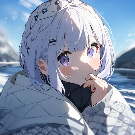 girl, Morikasae  (New Year), Hololive, Single, look into the camera,  outdoors ,  cinematic angle , waves his hand,  masterpiece fails,  best quality , aesthetics,  high resolution