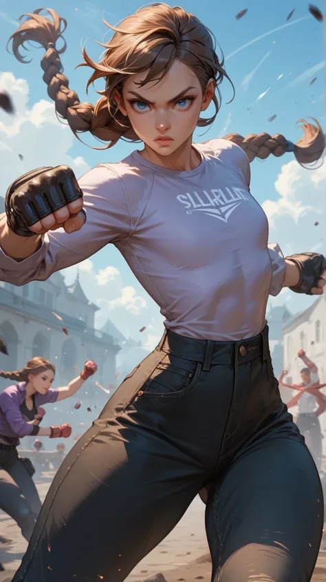 White girl, long hair, brown hair, blue eyes, braided ponytail, flat chest, petite, big hips, slightly defined abs, black cargo pants, long sleeve violet shirt, jeans, fighting gloves, fighting stance, facing the viewer