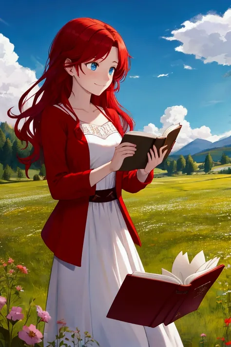 red-haired girl with long red hair ,  intense sky blue eyes and red and white dress, female,  reading a book , beautiful, in a meadow, high, happy, calm, Switzerland, adult, mayor