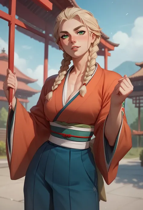 A girl,  blond hair with waist-length braids , And green eyes, firm clear eyebrows on an intense face ,  Toned figure dressed in a sports kimono,  anime style, MHA style, full figure
