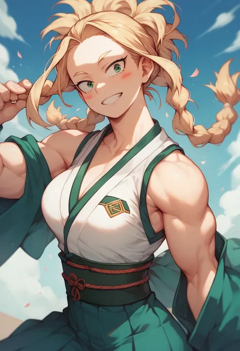 A girl,  blond hair with waist-length braids , And green eyes, firm clear eyebrows on an intense face ,  Toned figure dressed in a sports kimono,  anime style, My Hero Academia style