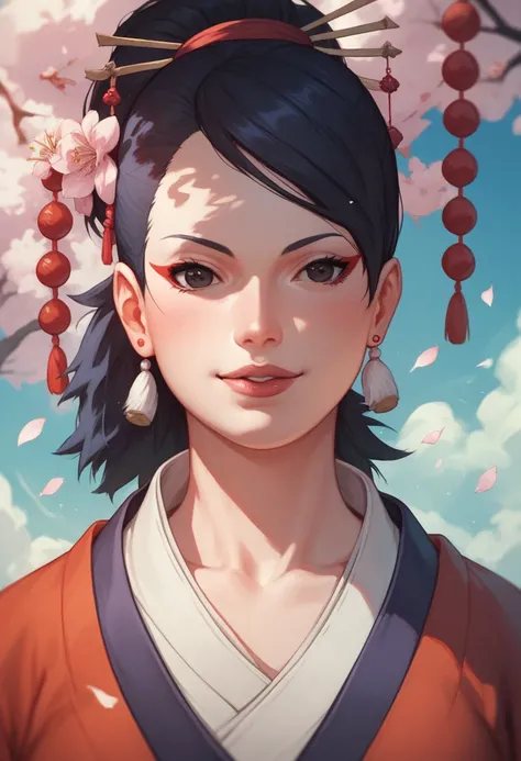 A Japanese girl, with black eyes and hair , She wears a kimono and has a cheerful personality,  anime style, naruto style, full figure
