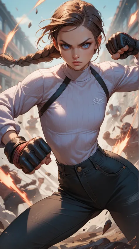 White girl, long hair, brown hair, blue eyes, braided ponytail, flat chest, petite, big hips, slightly defined abs, black cargo pants, long sleeve violet shirt, jeans, fighting gloves, fighting stance, facing the viewer, dead monster in background