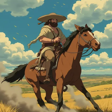 Cowboy riding his horse holding his hat so it doesnt fly away in the wind , Studio Ghibli Style Anime 