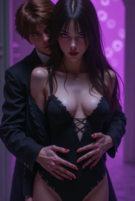 Young girl with pale skin and malicious eyes ,  smiling purple lips and long straight brown hair.  Perfect curves with seductive neckline ,  garment with elegant openings in black .  Her hair has a purple reflection in the background .  She has a brown boy...