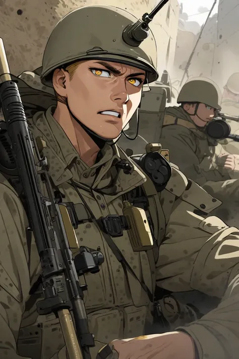 blond hairs, man, short hair, golden eyes, military, army outfit, sniper, headphone radio, war, soldier 
