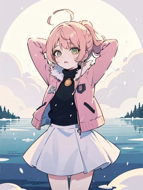 Art board, Best quality,  one girl, (( Orange _poetry)), (green_eyes), , short poetry, messy poetry,  looks at the viewer , (( pink _Jacket)), (white skirt), (black_ sweater ),  ripples , (white poetry on front), reflective water, fur collar,  arms behind ...