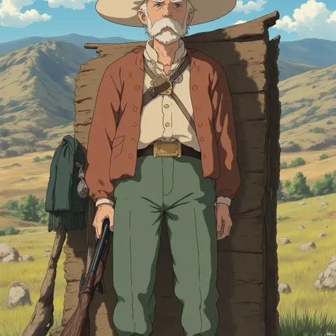 Cowboy holding his shotgun in front of his saddler  , Studio Ghibli Style Anime 