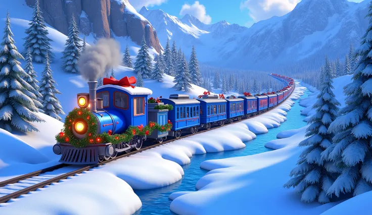A top-down Pixar-style cartoon shot of a fully blue Christmas train cutting through a snowy mountain valley. The train’s bright blue wagons stretch across the frame in a perfect horizontal line, each decorated with glowing garlands, twinkling fairy lights,...