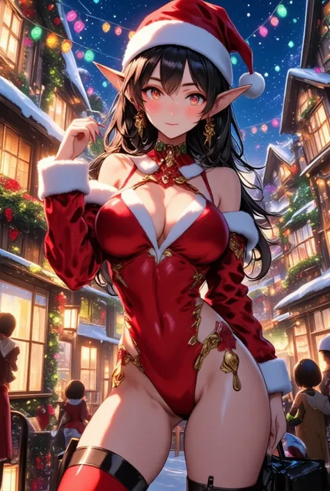 Anime Illustration, Santa claus village, xmas, Christmas decorations, colorful, light bulbs of colors, cinematic, female sexy elf