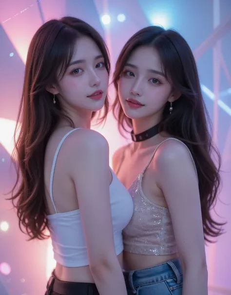  twin sisters  ,  Beautiful Virtual Idols  ,  Detailed Digital Avatars  ,  Bright Holographic Figure , Clear Sparkling Skin  ,  Detailed Facial Features  ,  charming smile  , Delicate expression, Long flowing hair,  elegant poses ,  Surreal Futuristic Envi...